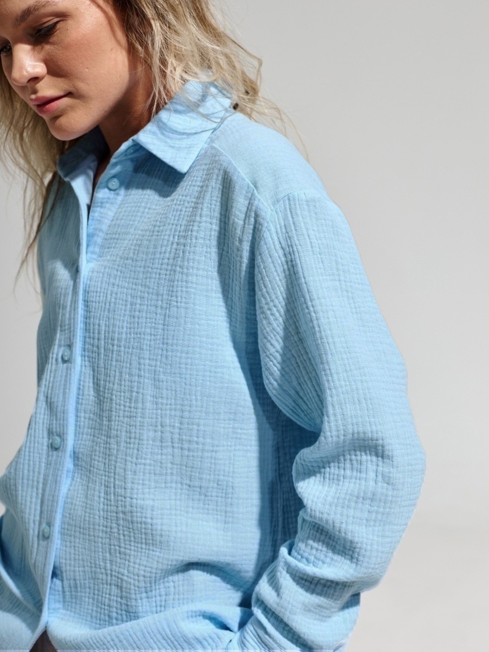 Light Blue Cotton Gauze Textured Button-Up Shirt